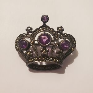 Crown Brooch Pin with Purple Gem Accents